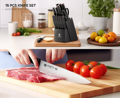 15-Piece Kitchen Knife Set with PP Handle, Professional Chef Knife Set with Block, Stainless Steel Sharp Blade, Ergonomic Non-Slip Handle, Home Cooking & Restaurant Knife Set