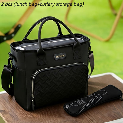 11L Quilted Lunch Bag Tote with Front Zipper Pocket, Side Tissue Pocket, Strap and Four Colors