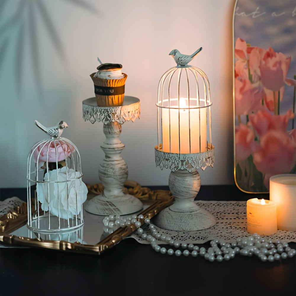 Birdcage Candle Holder Set of Two with Metal Pedestal Bases, Bird Finials, 30cm and 38cm Heights in Black or White