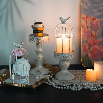 Birdcage Candle Holder Set of Two with Metal Pedestal Bases, Bird Finials, 30cm and 38cm Heights in Black or White