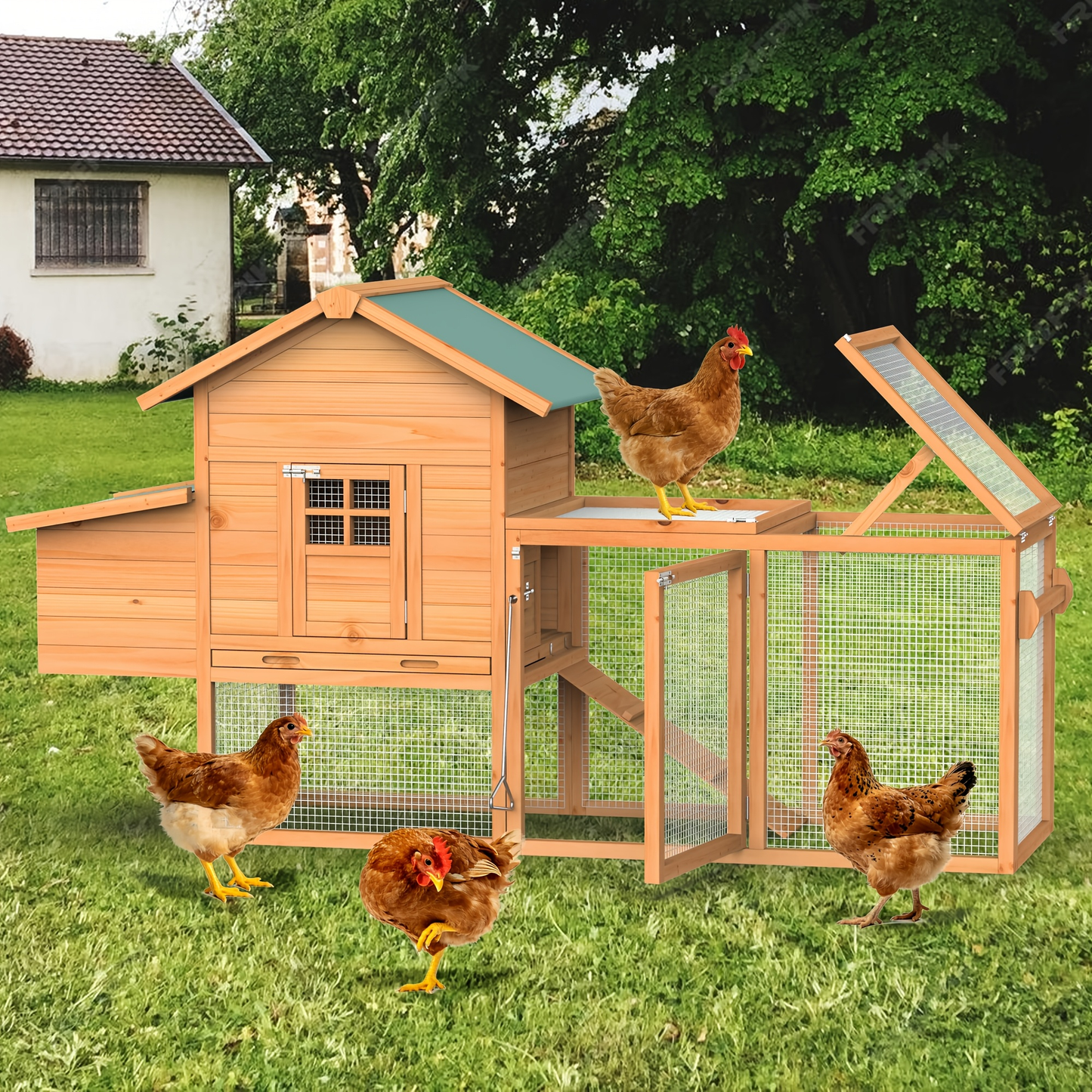 Chicken Coop on Wheels with Nesting Box & Removable Tray | Portable Wooden Hen House for 3-4 Hens with Expandable Run, Wood or Sunshine Board Roof
