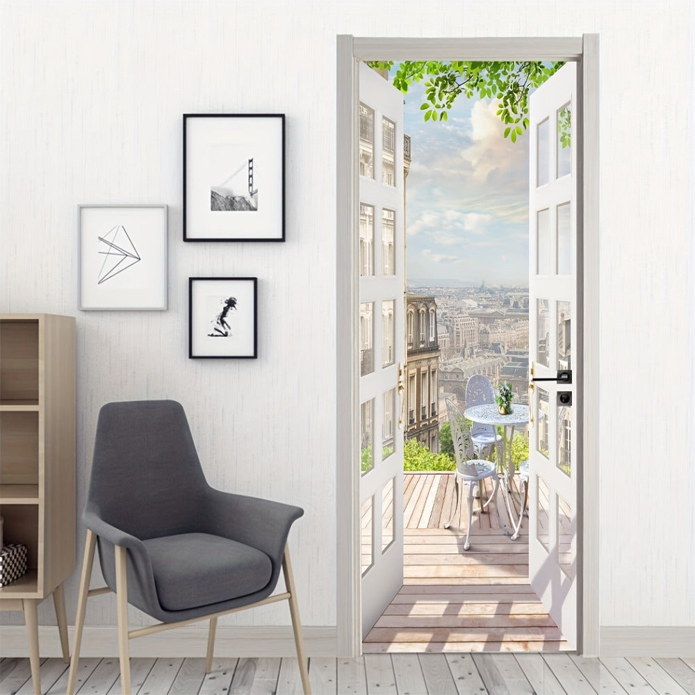 Balcony-View Door Mural Panel Set with Two 17.7-Inch Sheets and 35.43 x 78.74-Inch Final Scene