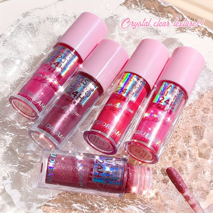 24H Waterproof Glitter Lip Gloss & Lip Stain Set 3PCS – Moisturizing Lip Oil Formula, Long-Lasting Smudge-Proof Glitter Shine in Berry Coral Pink Red Shades for Women All Skin Tones