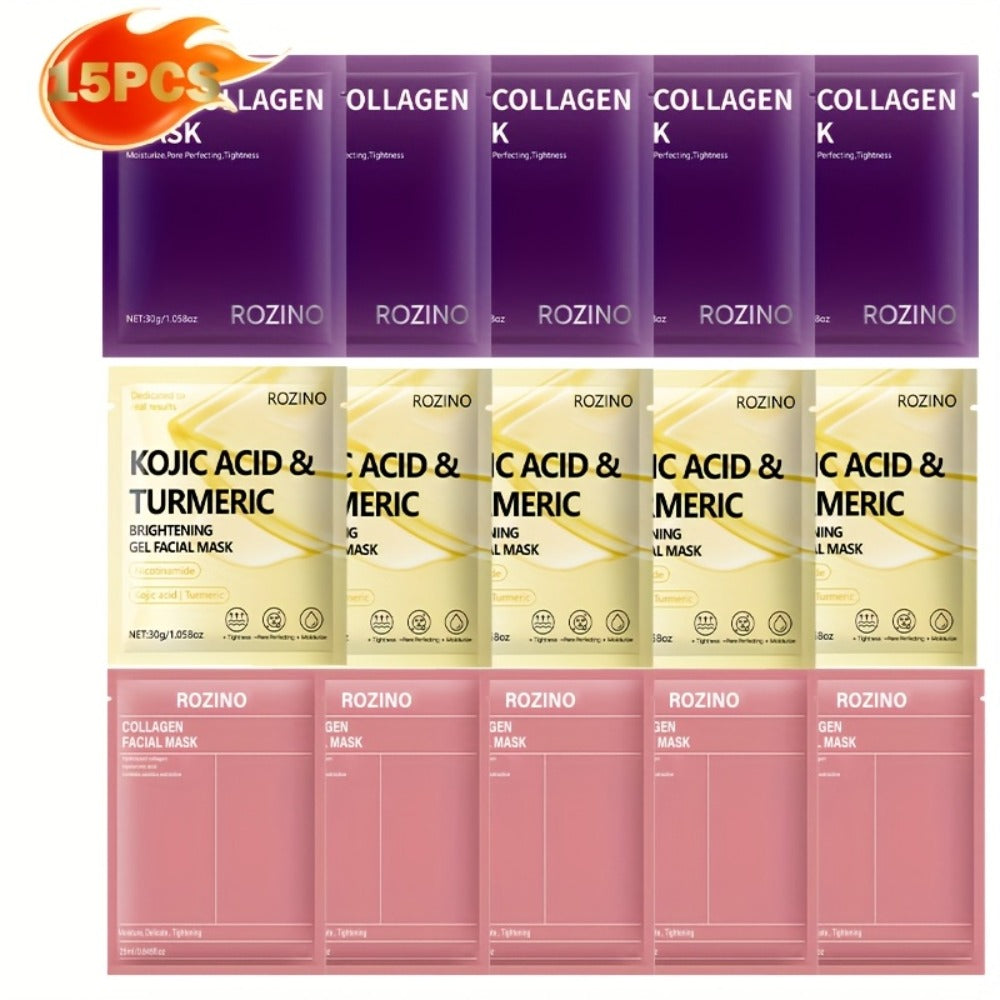 Face Mask, ROZINO 15-Piece Collagen Sheet Assortment with Bio-Collagen and Kojic Acid Turmeric Packets