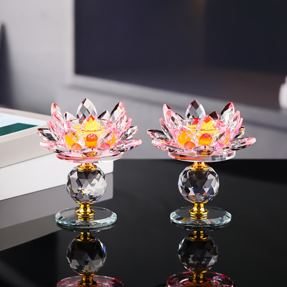 Lotus Candle Holder Pair with Faceted Crystal-Look Petals, 11cm Pedestal Form and Green, Purple, Blue or Pink Options
