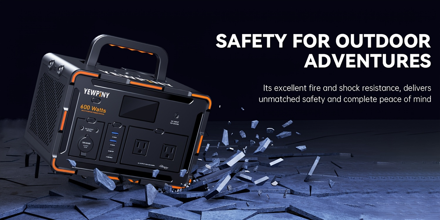 Portable Power Station 259Wh 300W or 599Wh 600W with AC, DC, USB, LiFePO4 Cell Pack and LED Light
