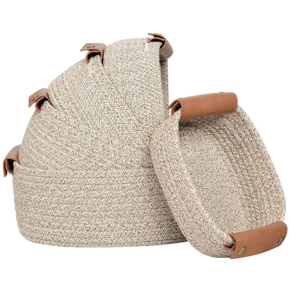 Cotton Rope Storage Baskets Set of 5 with Leather Handles in Four Color Options for Home Organization