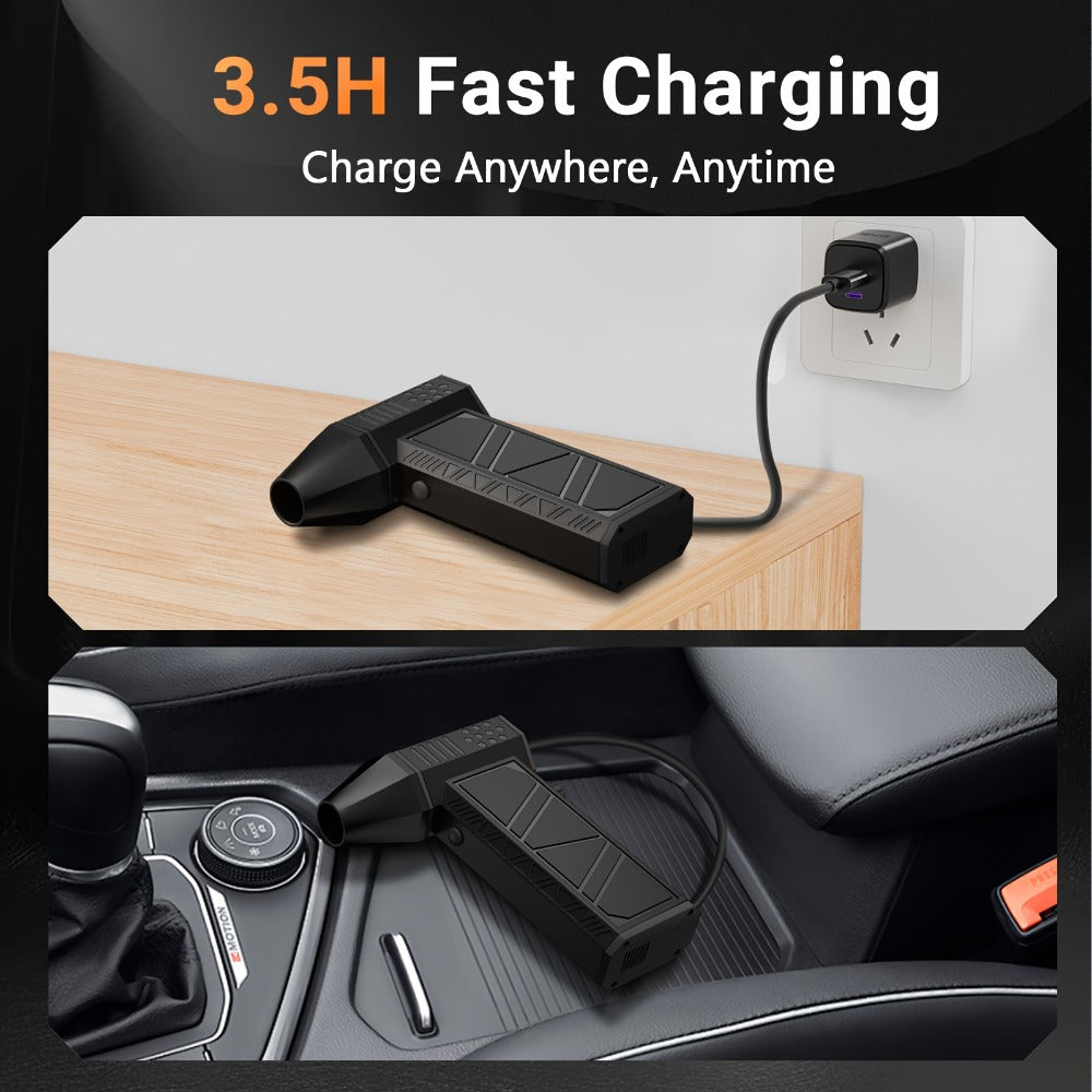 Orange-and-Black Turbine Air Duster with Four Power and Accessory Set Checkout Options Pictured
