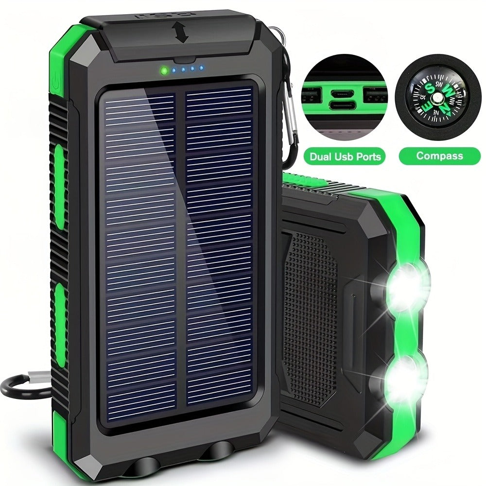 Solar Power Bank, 29800mAh Dual-USB 5V Charger with Solar Panel, Dual LED Flashlight, Compass and Eight Color Options