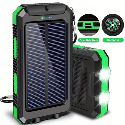 Solar Power Bank, 29800mAh Dual-USB 5V Charger with Solar Panel, Dual LED Flashlight, Compass and Eight Color Options