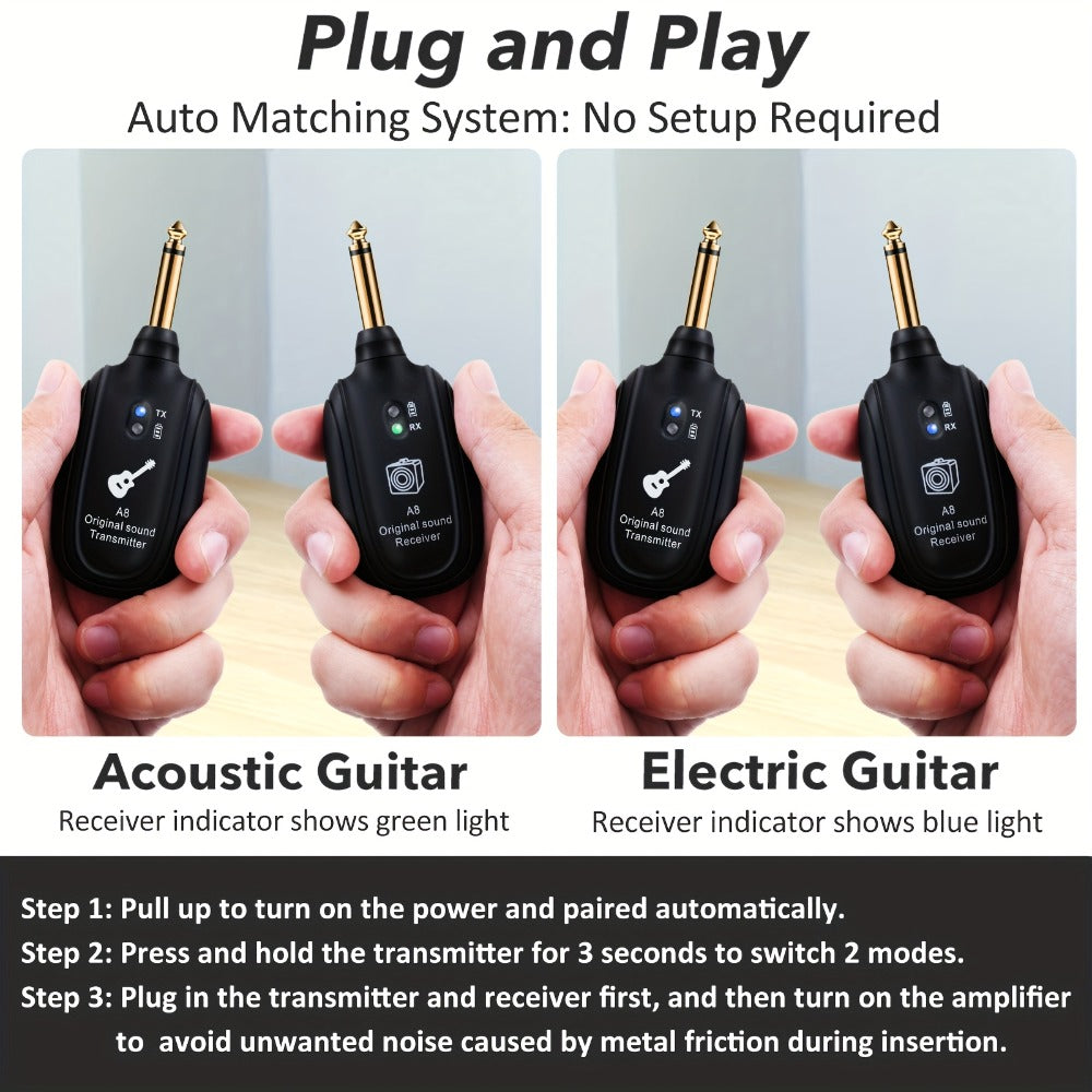 UHF Wireless Guitar System 100ft Range - Plug & Play, Noise-Free Transmission, 2 Transmitters & Receiver