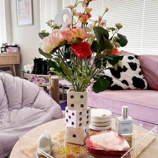Ceramic Dice Vase for Dried Flowers Pampas Grass Rose Modern Square Flower Vase Unique Home Decor Gift Handmade Decorative Vase for Living Room Shelf Table