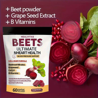 Beetroot Gummies with CoQ10, Grape Seed Extract & Multivitamins — Blood Pressure Support, Heart Health, Circulation & Antioxidant Defense, Chewable Beet Root Supplement for Women & Men, 60-120 Count