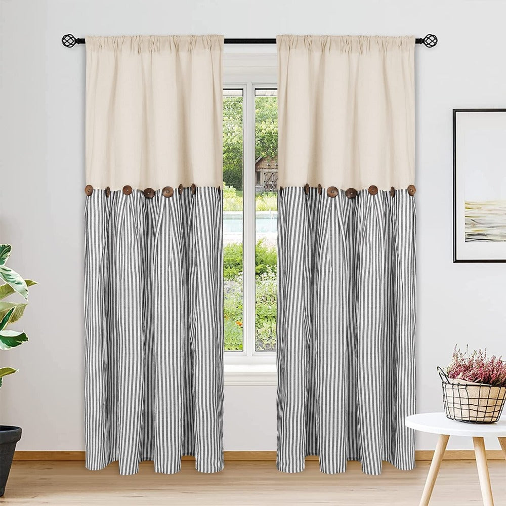 Striped Patchwork Window Curtain Set with Rod-Pocket Top, Six Colors and Five Panel-Count or Size Options