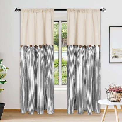 Striped Patchwork Window Curtain Set with Rod-Pocket Top, Six Colors and Five Panel-Count or Size Options