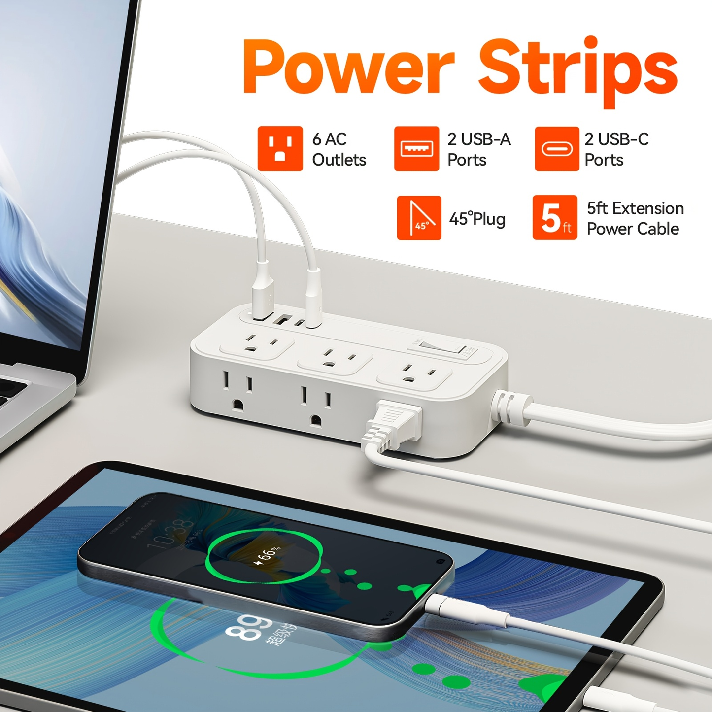 Power Strip Flat Plug with 6 AC Outlets, 2 USB-A, 2 USB-C and 3-Inch, 5-Foot or 10-Foot Cord Options