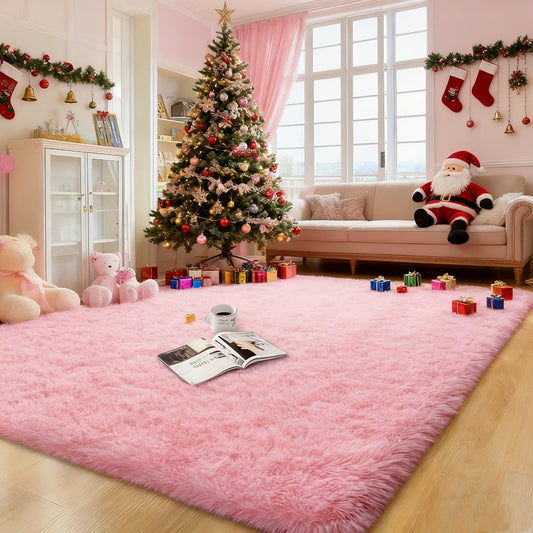 Area Rug Pink Soft Shaggy Design in Four Sizes with Placement Stickers for Bedroom or Dorm