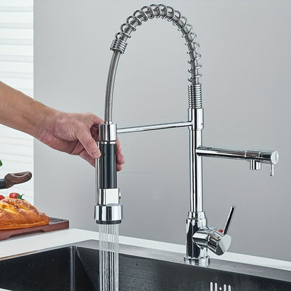 Single-Hole Pull-Down Kitchen Faucet with Spring Spout, 360° Swivel Sprayer and Three Finish Options