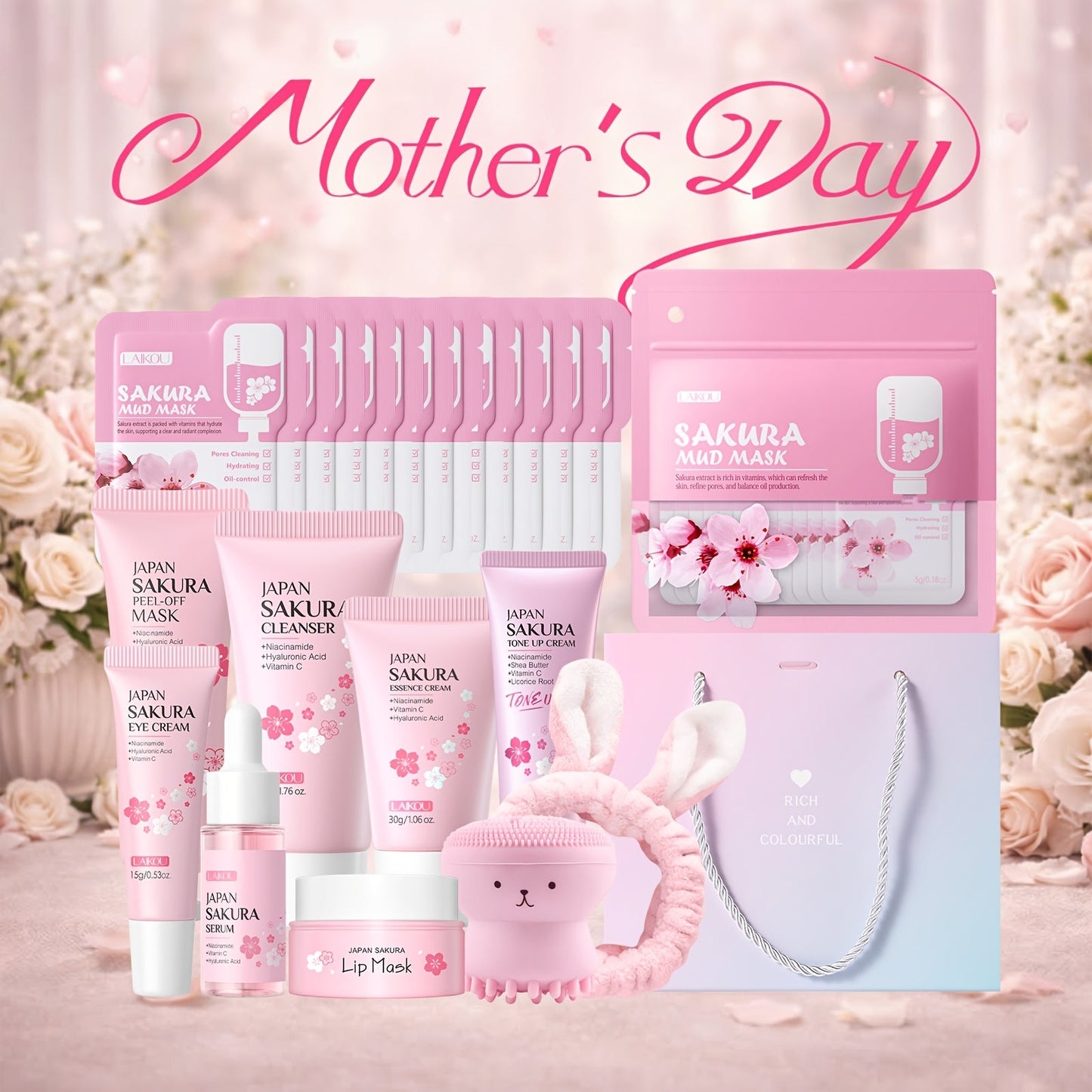 Skincare Set with LAIKOU Label, 10 Sakura Products for Cleanser Serum Cream Mask Lip and Eye Steps