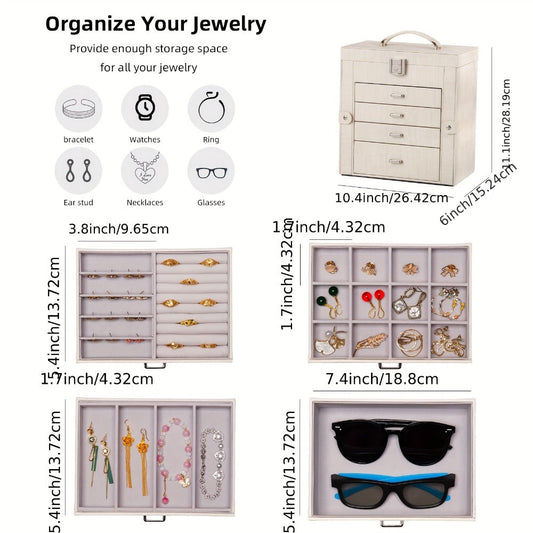 Jewelry Box, Five-Tier PU-Leather Organizer with Built-In Mirror, Key Lock and Three Color Options