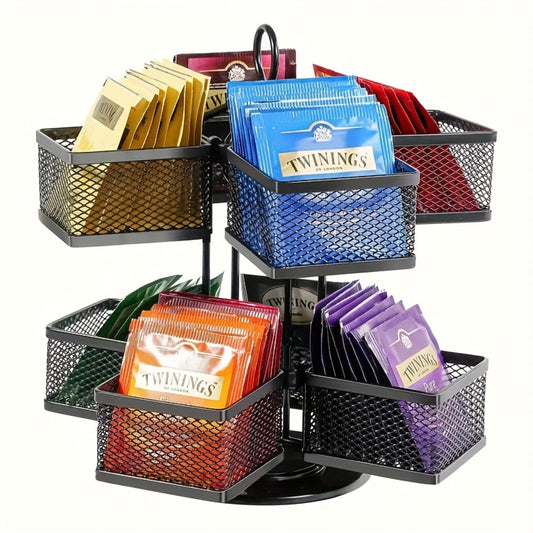 Tea Bag Organizer 360-Degree Spinning Carousel with 8 Compartments – Lazy Susan Tea Bag Holder Display Rack for Kitchen Counter Coffee Bar Home Office – Black