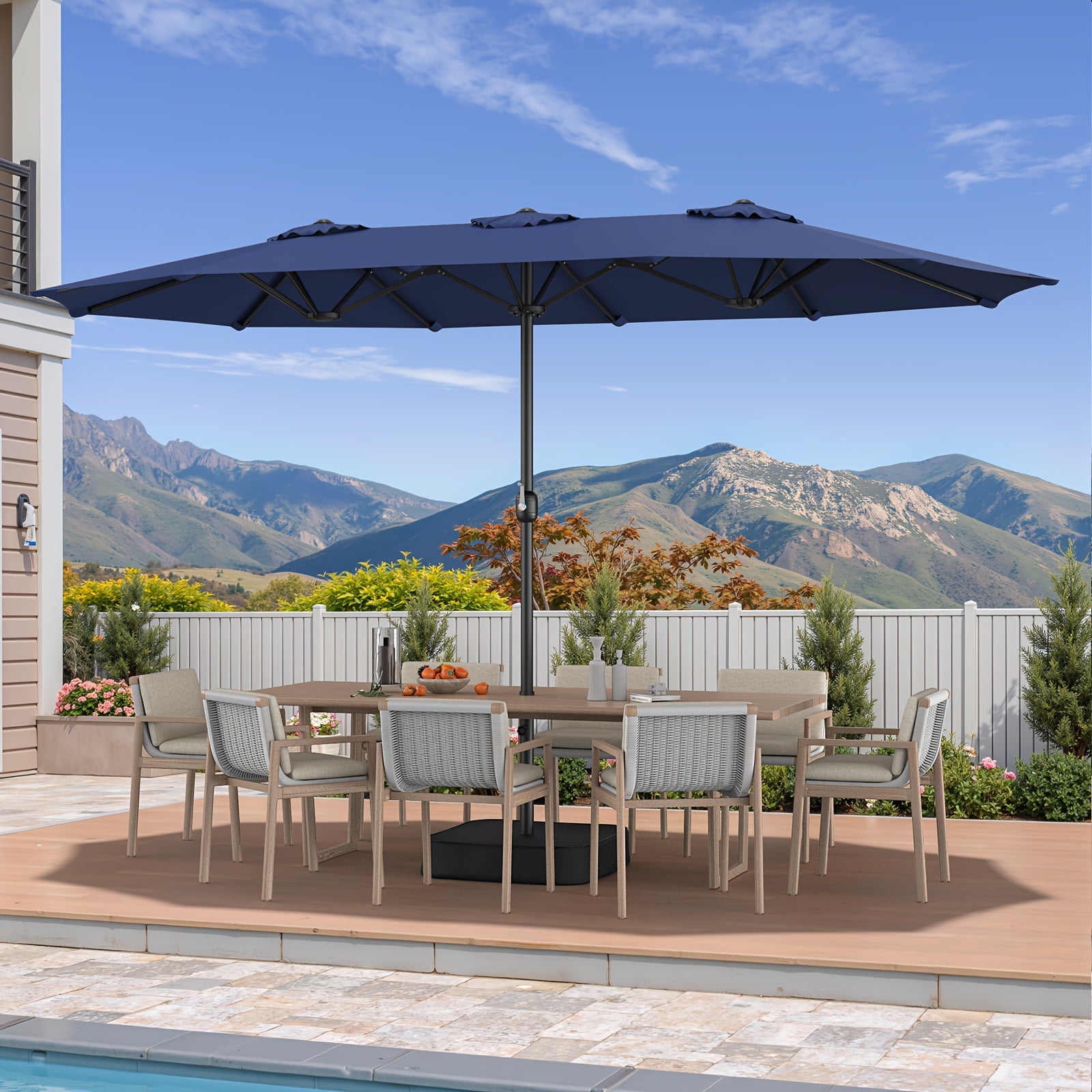 Patio Umbrella shown in the Blue option