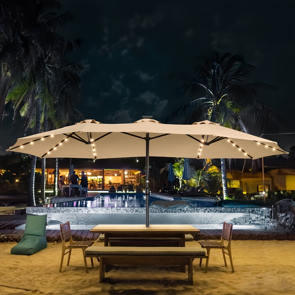 Patio Umbrella, 15 Ft Double-Sided with Base & 48 Solar LED Lights UPF50+ UV Protection 12 shown in the main product view