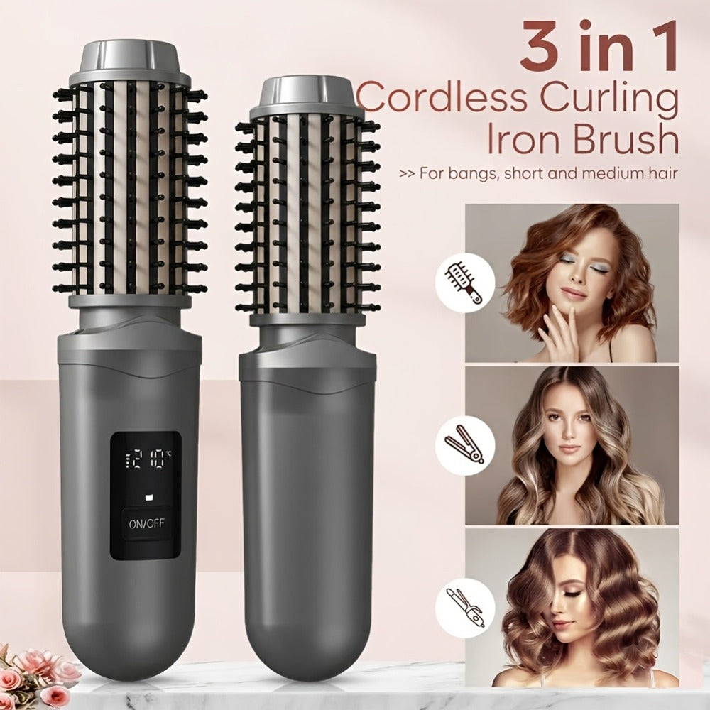 Cordless Hair Curler Brush 2-in-1 Straightener - Rechargeable Wireless Auto Curling Iron, for Home, Travel and Salon Hair Styling