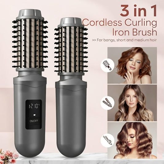 Cordless Hair Curler Brush 2-in-1 Straightener - Rechargeable Wireless Auto Curling Iron LED Display Portable Travel Styling Tool for Women White Grey