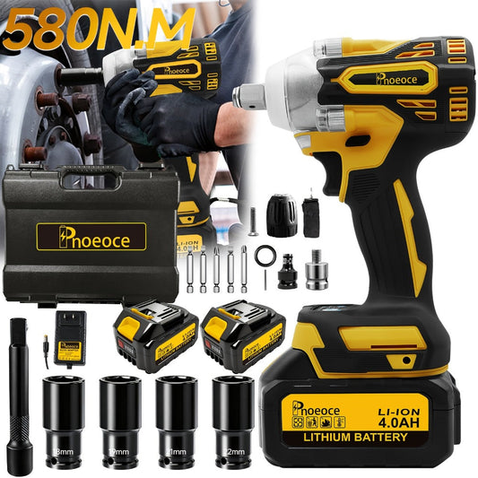 Cordless Brushless Impact Wrench Set 21V, 1/2'' High Torque Impact Gun with 4000mAh Rechargeable Battery, Fast Charger, Variable Speed Control, Complete Accessories for Car, Motorcycle & Home Repair