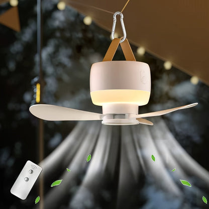 Hanging Three-Blade Camping Fan with Remote Control, Warm LED Light, White Housing and USB Rechargeable Power