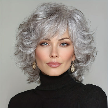 Gray Curly Wig with Bangs 12 Inch Short Silver Grey Synthetic Heat Resistant Rose Net Cap Wig for Women Cosplay Halloween Party Daily Wear All Occasions