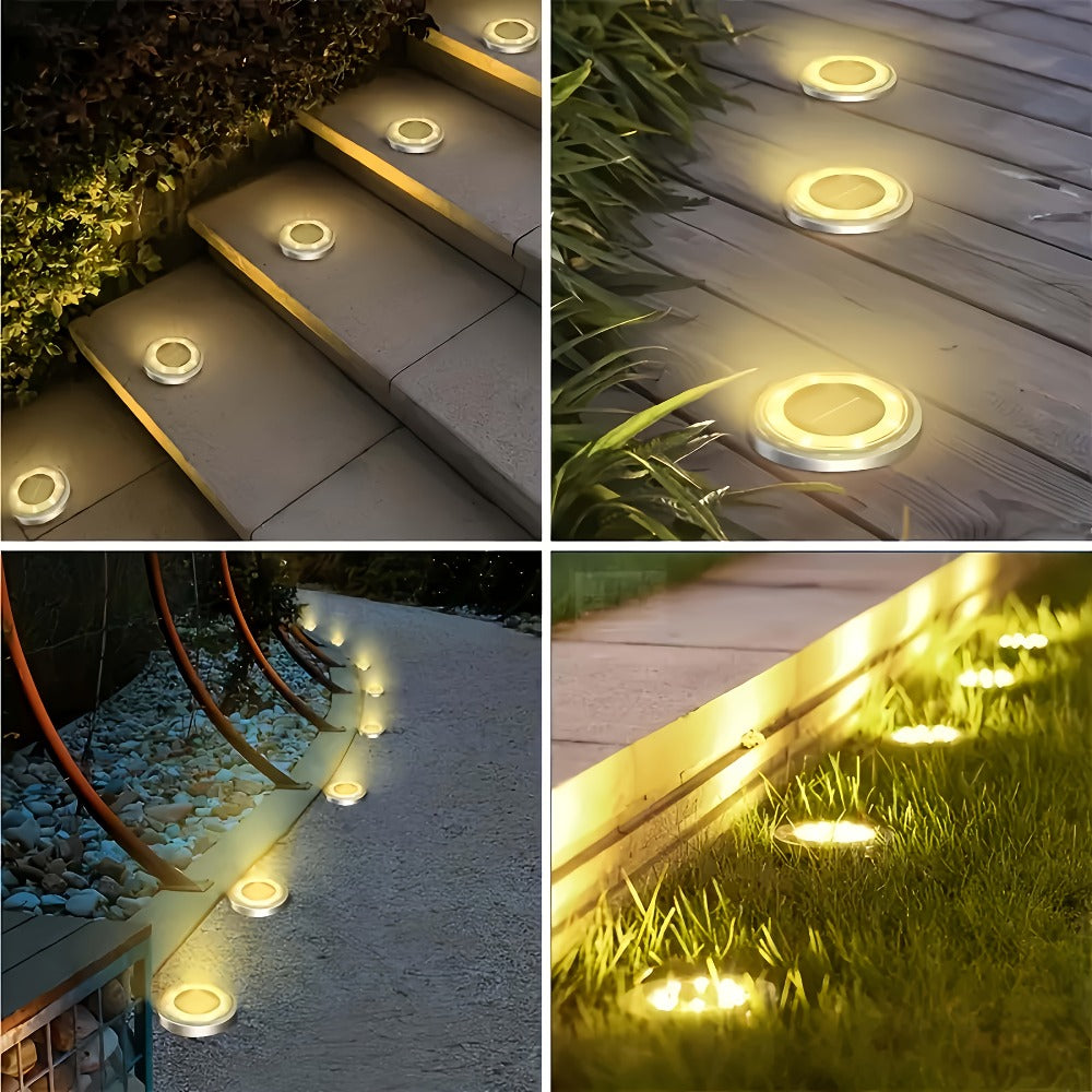 Solar Ground Lights 8 Pack 8-LED - Ultra Bright Semi-Recessed Outdoor Floor Lights for Garden Pathway Driveway Deck Staircase Pool, Warm White Dusk to Dawn Solar Step Lights Weatherproof