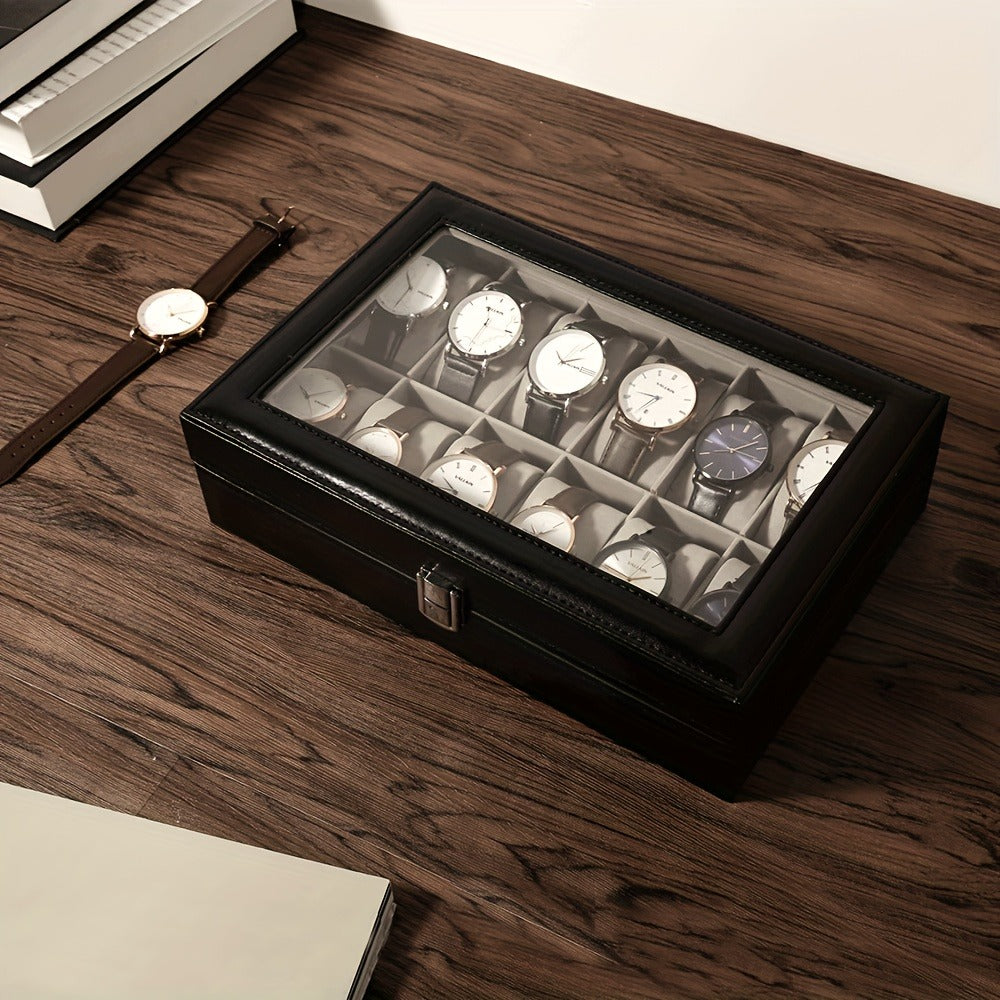 Black and Gray 12-Slot Watch Box with Glass Display Lid, Removable Pillows and Metal Clasp