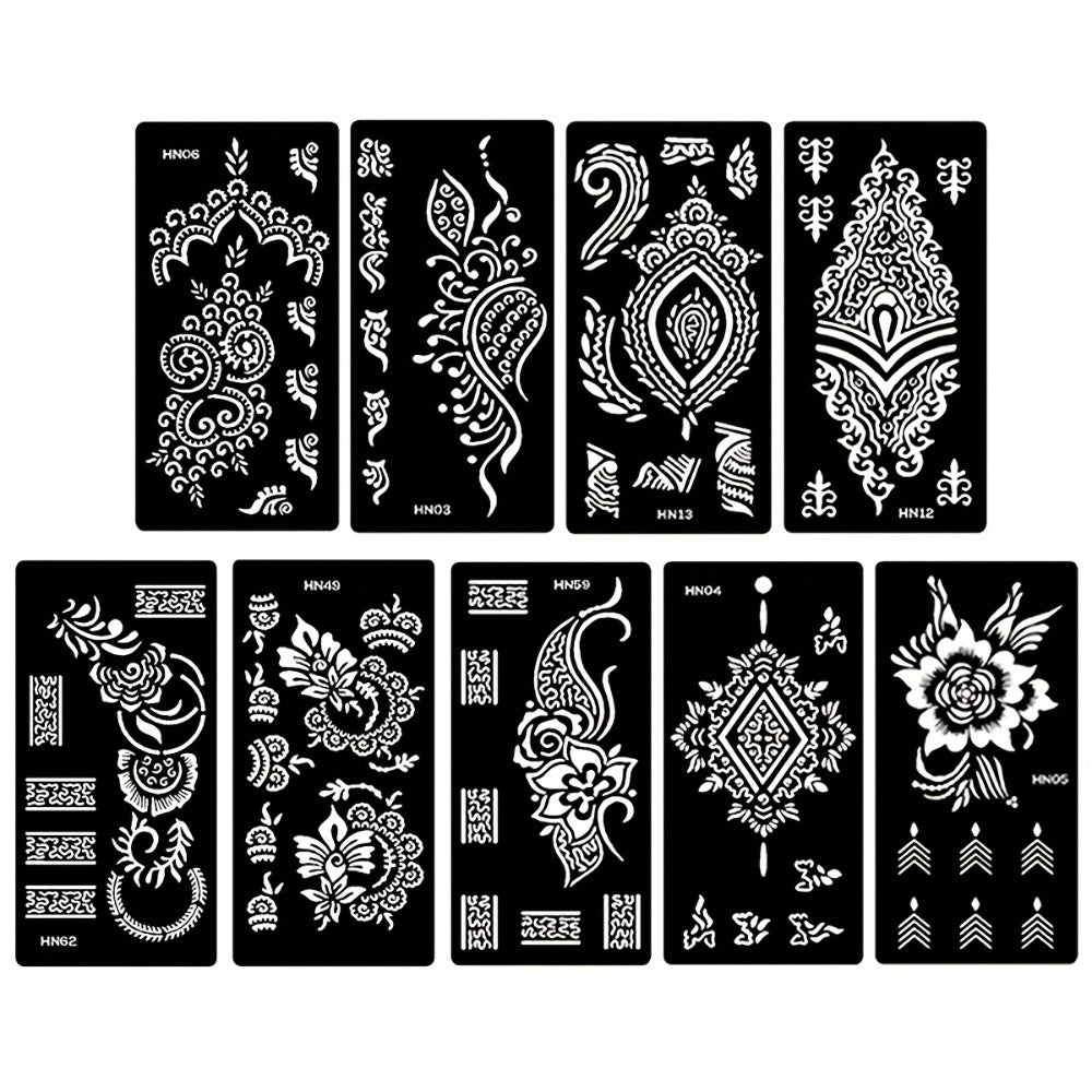 Nine-Sheet Reusable Tattoo Stencil Set with Long Floral and Henna-Style Pattern Cards in HN1 or HN2