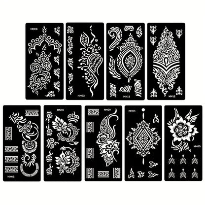 Nine-Sheet Reusable Tattoo Stencil Set with Long Floral and Henna-Style Pattern Cards in HN1 or HN2