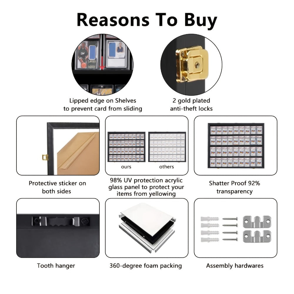 Black 36-Slot Wall Display Frame for Graded Sports Cards with Two Locks and One-, Two- or Three-Case Options