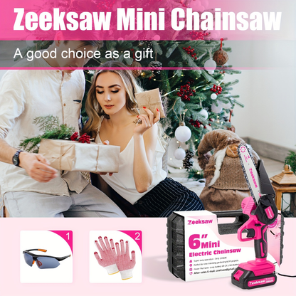 Pink 6-Inch Mini Cordless Chainsaw Kit with Two Batteries, Charger, Carry Case, Spare Chains and Clear Eyewear