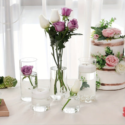 Clear Glass Cylinder Vase Set in 18- or 24-Piece Configurations with 4, 8 and 12-Inch Heights
