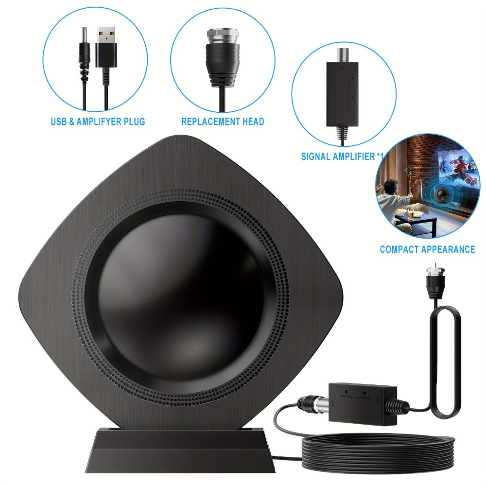 TV Antenna with Circular Omnidirectional Body, Powered Signal Amplifier, Coaxial Cable and Indoor Stand