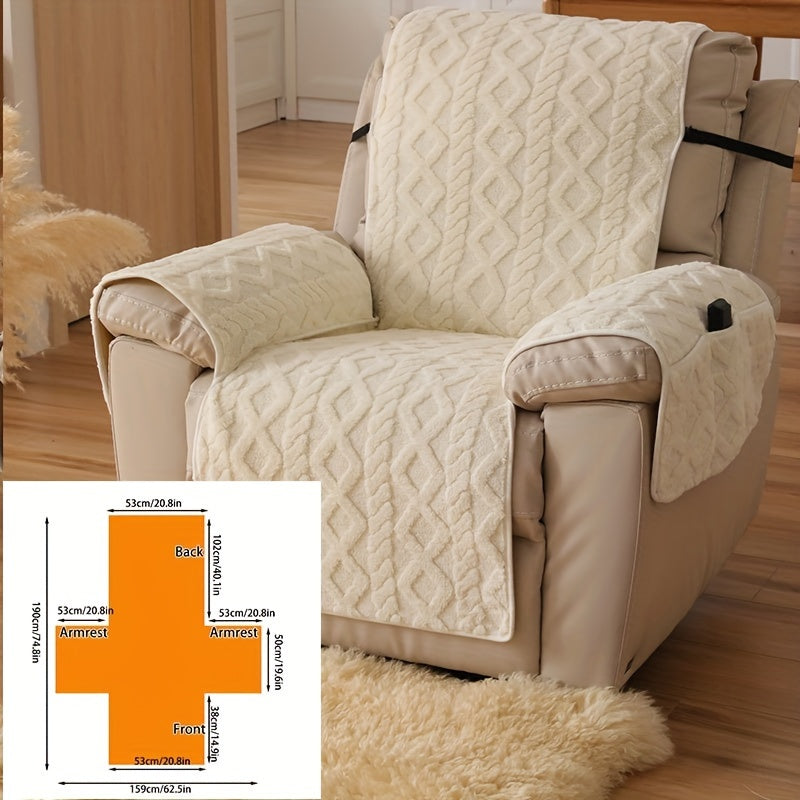 Quilted Recliner Chair Cover with Armrest Panels, Side Pocket and Elastic Straps in Three Neutral Colors