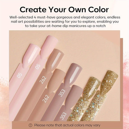 Dip Powder Nail Kit with NOCIS Label, Four Nude and Gold Glitter Powders, Three 10ml Liquids and Four Tools