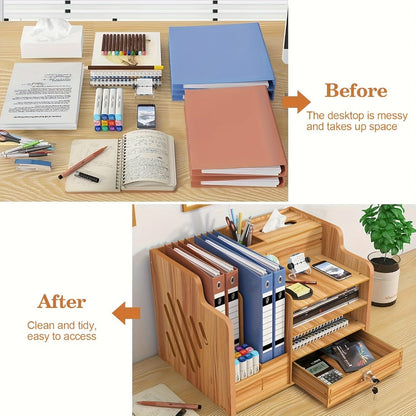 Wooden Desktop Document Organizer with File Slots, Open Shelves, Small Drawer and Approximately 38 cm Width