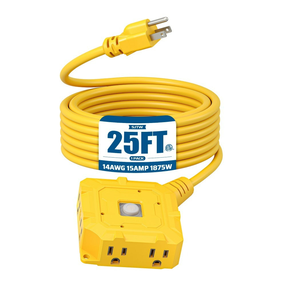 Heavy Duty Extension Cord 25ft 6-Outlet SJTW 14AWG with Protective Cover & On/Off Switch – Outdoor Indoor Power Strip Cord for Workshop, Garage, Christmas Lights, Tools
