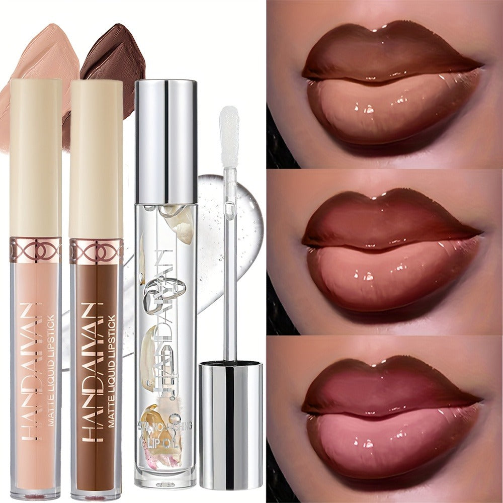 Three-Tube Lip Makeup Set with Clear Silver-Cap Tube and Coordinated Color Pair in Set A, B or C