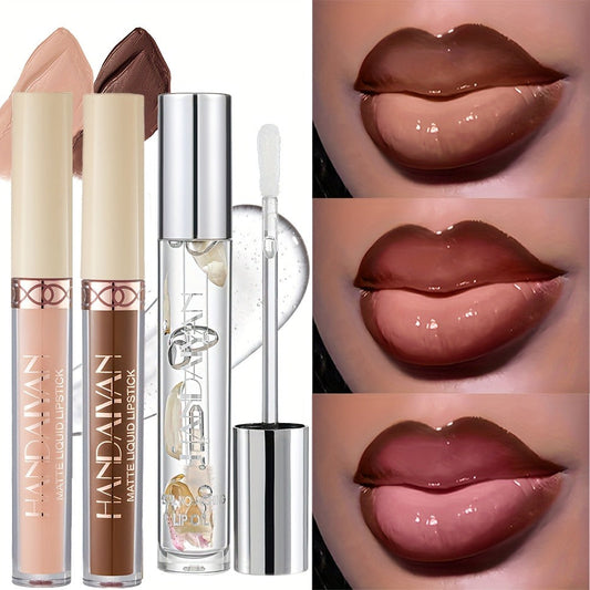 Lip Gloss Set 3 Piece Kit with Matte Lip Gloss, Nourishing Lip Oil & Defining Lip Liner - Waterproof Long-Lasting Non-Sticky Velvet Finish, Mixed Shades for Party Festival Holiday Daily Makeup Women