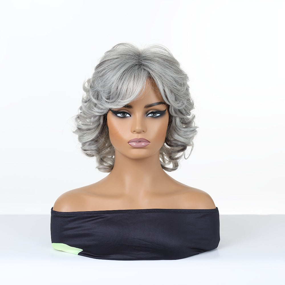 Gray Curly Wig with Bangs 12 Inch Short Silver Grey Synthetic Heat Resistant Rose Net Cap Wig for Women Cosplay Halloween Party Daily Wear All Occasions