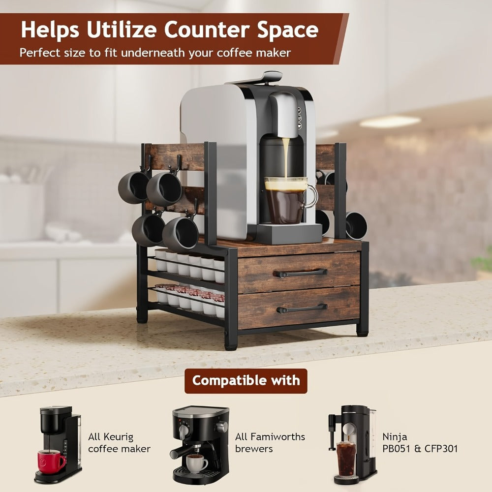 Coffee Capsule and Mug Rack Kitchen Organizer Single or Double Layer Countertop Stand in Rustic Brown
