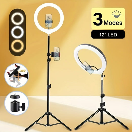 LED Ring Light 10/12 Inch with Tripod Stand & Phone Holder – 3 Color Modes, 12 Brightness Levels, USB Powered Selfie Light for Makeup, Photography, Video & Streaming