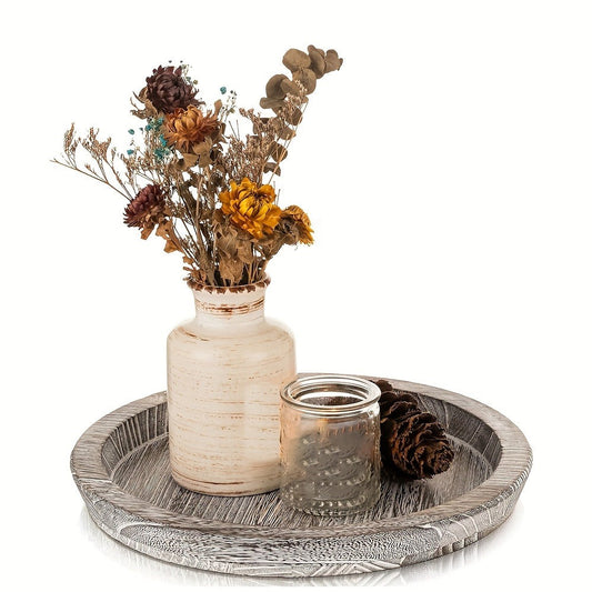 Decorative Tray for Coffee Table – Round Wave-Shaped Centerpiece Tray for Living Room, Dining Room, Kitchen Counter, Bathroom – Rustic Vintage Distressed Finish, Multipurpose Home Decor Tray
